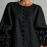 Black Floral Button-down Mini Dress With Striking Floral Cuffs