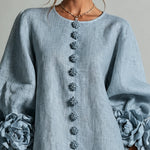Dusty Blue Floral Button-down Mini Dress With Striking Floral Cuffs
