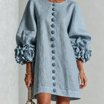 Dusty Blue Floral Button-down Mini Dress With Striking Floral Cuffs