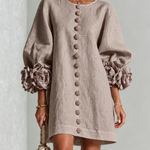 Mushroom Taupe Floral Button-down Mini Dress With Striking Floral Cuffs