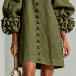 Olive Floral Button-down Mini Dress With Striking Floral Cuffs