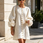 Alexia | White Mini Dress with Floral Buttons and Extravagant Floral Sleeves