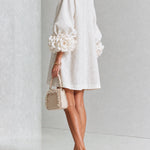 Alexia | White Mini Dress with Floral Buttons and Extravagant Floral Sleeves