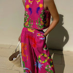 Unique Print Tank And Elastic Waist Pocketed Pants Set