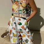 Unique Print Tank And Elastic Waist Pocketed Pants Set
