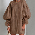 Brown Zip-Front Balloon Sleeve Mini Dress With Pleated Ruffle Cuffs