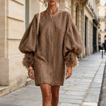 Brown Zip-Front Balloon Sleeve Mini Dress With Pleated Ruffle Cuffs