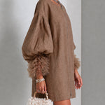 Brown Zip-Front Balloon Sleeve Mini Dress With Pleated Ruffle Cuffs