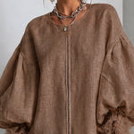 Brown Zip-Front Balloon Sleeve Mini Dress With Pleated Ruffle Cuffs
