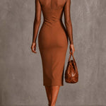 Brown Sheer Slim-Fit Midi Pencil Dress With Floral and Polka-Dot Print