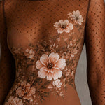 Brown Sheer Slim-Fit Midi Pencil Dress With Floral and Polka-Dot Print