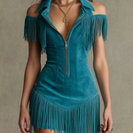 Western-Style Lapel Zipper Tassel Slim-Fit Mini Dress