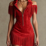 Western-Style Lapel Zipper Tassel Slim-Fit Mini Dress