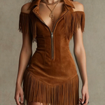 Western-Style Lapel Zipper Tassel Slim-Fit Mini Dress