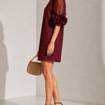 Burgundy Organza Puff-sleeved Mini Dress With Striking Floral Cuffs