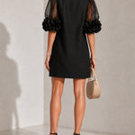 Black Organza Puff-sleeved Mini Dress With Striking Floral Cuffs