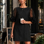 Black Organza Puff-sleeved Mini Dress With Striking Floral Cuffs