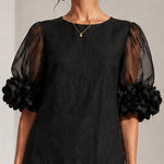 Black Organza Puff-sleeved Mini Dress With Striking Floral Cuffs