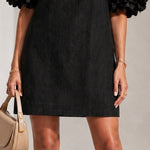 Black Organza Puff-sleeved Mini Dress With Striking Floral Cuffs
