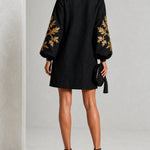 Black Gold Print Loose Mini Dress With Crew Neck And Lantern Sleeves