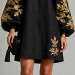 Black Gold Print Loose Mini Dress With Crew Neck And Lantern Sleeves