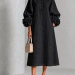 Black Floral Button-down Midi Dress With Striking Floral Cuffs