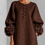 Chocolate Brown Floral Button-down Midi Dress With Striking Floral Cuffs