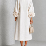 White Floral Button-down Midi Dress With Striking Floral Cuffs