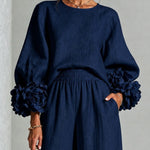 Navy Top Featuring Striking Floral Cuffs Paired With Wide-leg Pants Suit