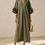 Olive Green V-neck Midi Dress With Striking Floral Cuffs