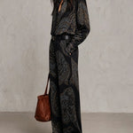 Burgundy-purple Paisley Print Satin Long-sleeve Shirt And Wide-leg Trousers Set (with belt)