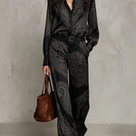 Burgundy-purple Paisley Print Satin Long-sleeve Shirt And Wide-leg Trousers Set (with belt)