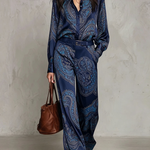 Burgundy-purple Paisley Print Satin Long-sleeve Shirt And Wide-leg Trousers Set (with belt)