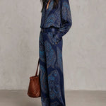 Burgundy-purple Paisley Print Satin Long-sleeve Shirt And Wide-leg Trousers Set (with belt)
