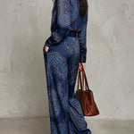 Burgundy-purple Paisley Print Satin Long-sleeve Shirt And Wide-leg Trousers Set (with belt)