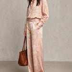 Burgundy-purple Paisley Print Satin Long-sleeve Shirt And Wide-leg Trousers Set (with belt)