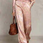 Pink Paisley Print Satin Long-sleeve Shirt And Wide-leg Trousers Set (with belt)