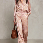 Pink Paisley Print Satin Long-sleeve Shirt And Wide-leg Trousers Set (with belt)
