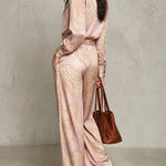 Pink Paisley Print Satin Long-sleeve Shirt And Wide-leg Trousers Set (with belt)