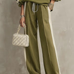 Olive Green Crew-neck Sweatshirt And Drawstring Wide-leg Pants Casual Set