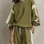 Olive Green Crew-neck Sweatshirt And Drawstring Wide-leg Pants Casual Set