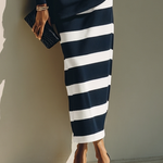 Navy Half-zip Color-block Striped Polo-collar Top And Midi Skirt Set