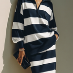 Navy Half-zip Color-block Striped Polo-collar Top And Midi Skirt Set