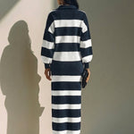 Navy Half-zip Color-block Striped Polo-collar Top And Midi Skirt Set