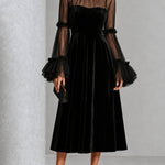 Black Velvet And Sheer Mesh Spliced Pleated Midi Dress