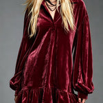 Velvet Mini Dress with Lantern Sleeves Ruffled Hem