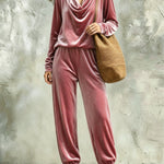 Black Velvet Cowl-neck Top And Loose-fitting Cuffed-hem Pants Set