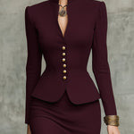 Burgundy Ruffled Hem Top and Skirt Set with Gold-Tone Buttons