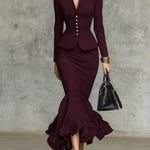 Burgundy Ruffled Hem Top and Skirt Set with Gold-Tone Buttons