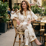 Ivory Satin V-Neck Butterfly-Print Top and Wide-Leg Trousers Set